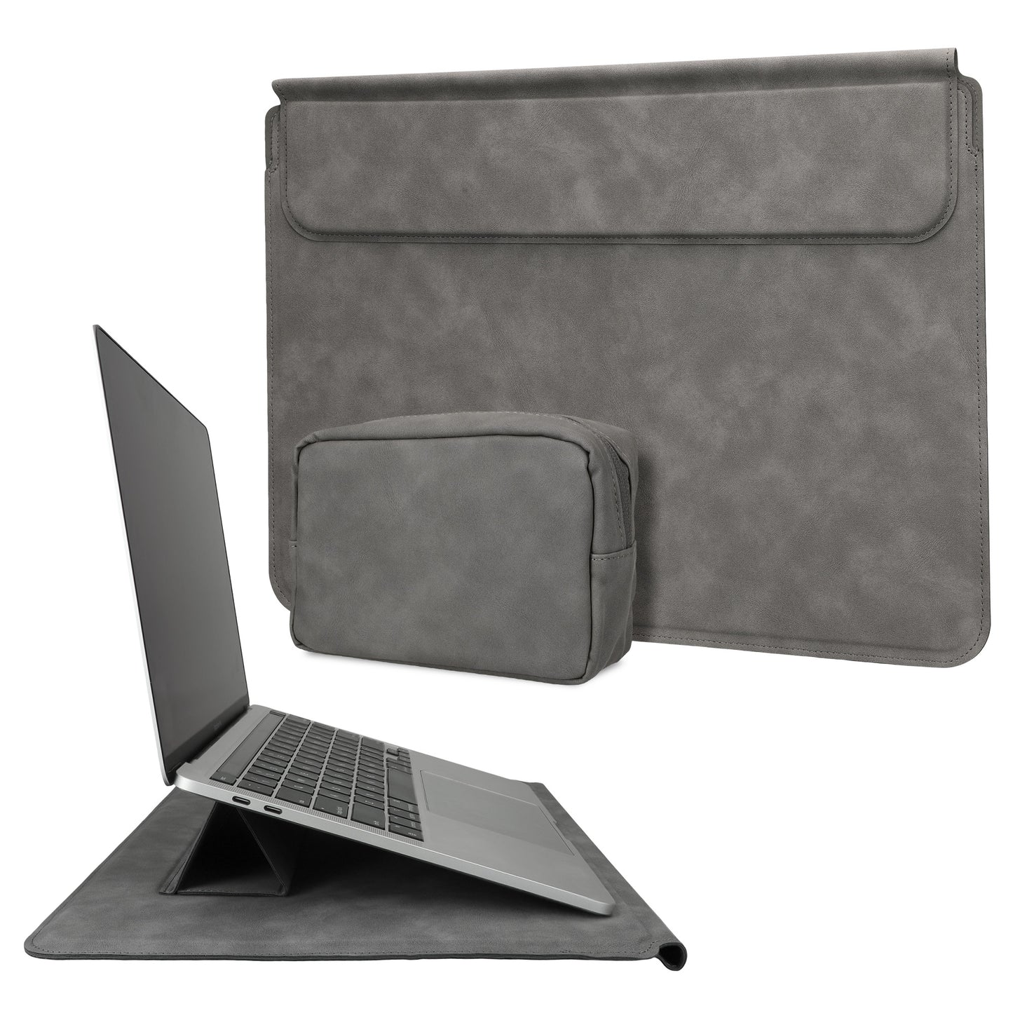 kwmobile Hülle für Apple Macbook 13" 14" 15" Laptop / Notebook / Ideapad Case - Cover mit Standfunktion und extra Tasche - Kunstleder Schutzhülle Grau Grau  