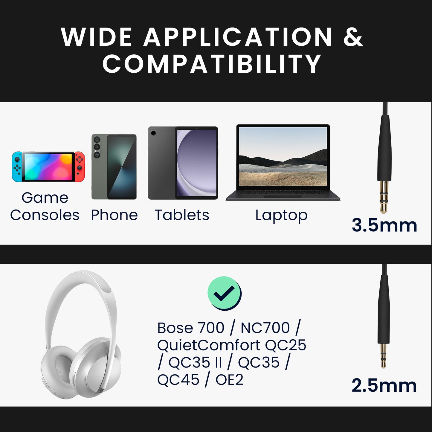 kwmobile Kopfhörerkabel für Bose 700 / NC700 / QuietComfort QC25 / QC35 II / QC35 / QC45 / OE2 - 3,5 mm Ersatz Kabel 100 cm - 3.5mm Klinke Kabel