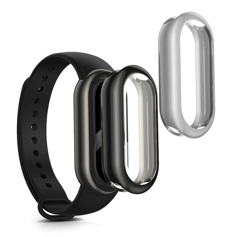 kwmobile 2x Schutzhülle kompatibel mit Xiaomi Mi Band 10 / Smart Band 10 Hülle - Fullbody Cover Set aus Silikon - Schwarz Silber Schwarz  [dsg02]