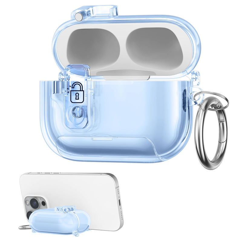 kwmobile transparentes Kopfhörer Case kompatibel mit Apple Airpods Pro 2 / Pro 1 Hülle - Headphones TPU Cover mit Standfunktion und Sicherheitsverschluss - Blau Blau  