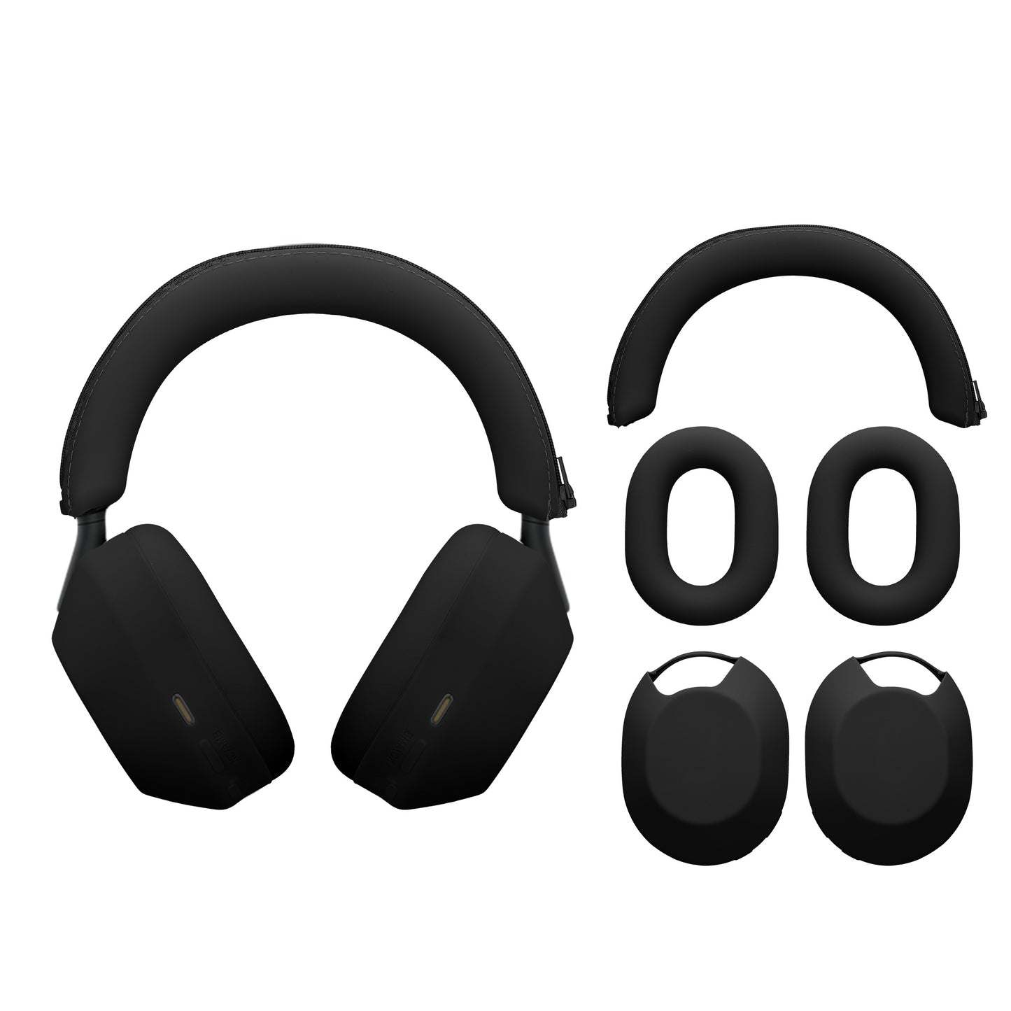 kwmobile 3in1 Kopfhörer Case für Over Ear Headphones kompatibel mit Sony WH-1000XM5 Hülle - 360° Silikon Schutzhülle für Ohrhörer - Schwarz Schwarz  