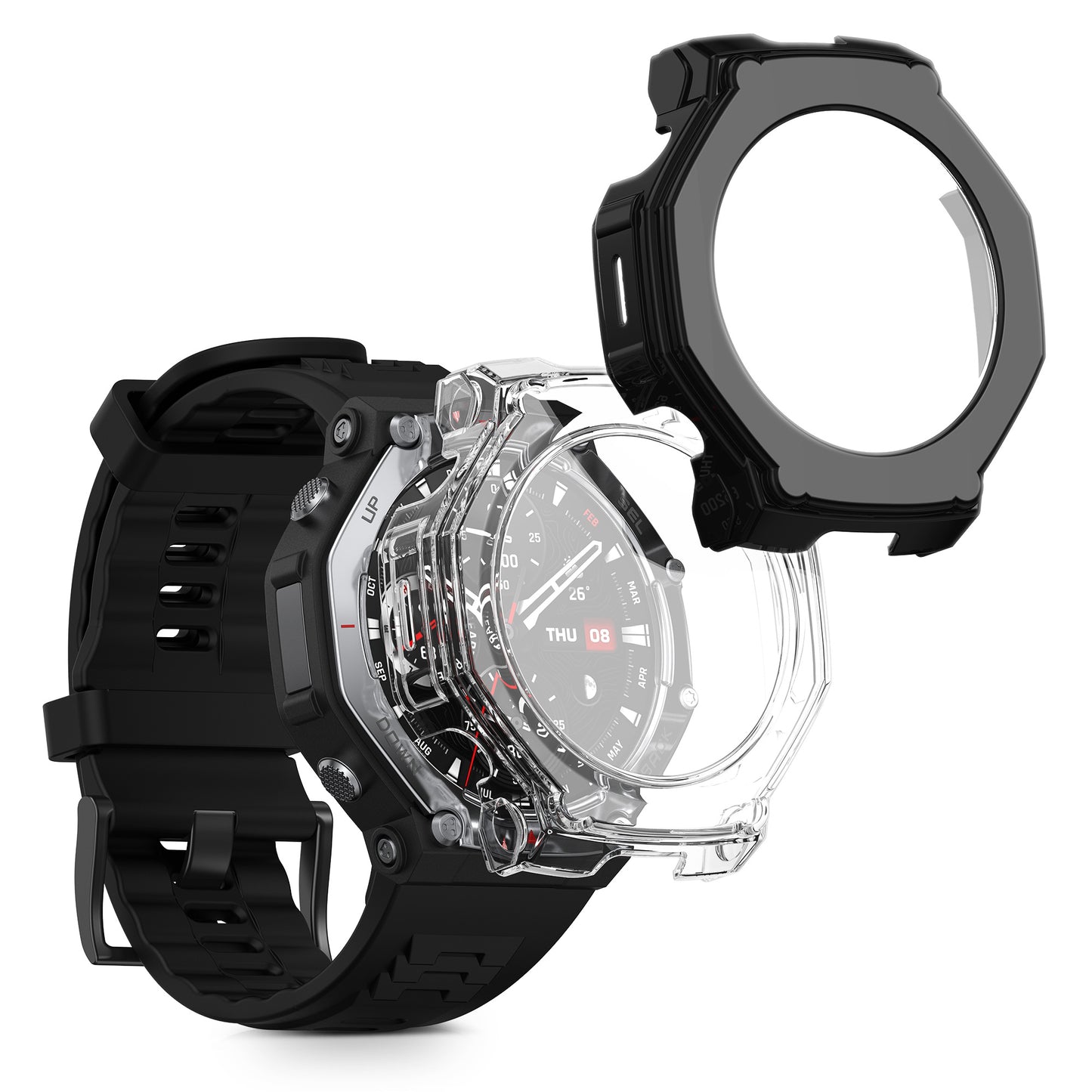 kwmobile 2x Cover kompatibel mit Amazfit T-Rex3 Pro 48mm Hülle - Fullbody Fitnesstracker Case Set aus Glas - Transparent Schwarz Transparent  [dsg01]