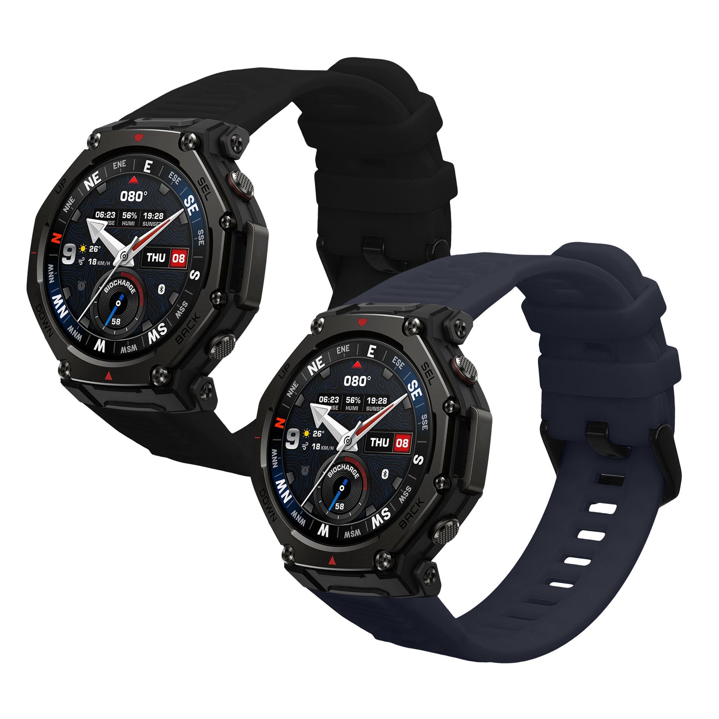 kwmobile 2x Uhrenarmband für Amazfit T-Rex3 Pro 48mm Armband - Fitnesstracker Band Set aus TPU Silikon - Ersatzarmband Smartwatch - Schwarz Dunkelblau Schwarz  [dsg01]