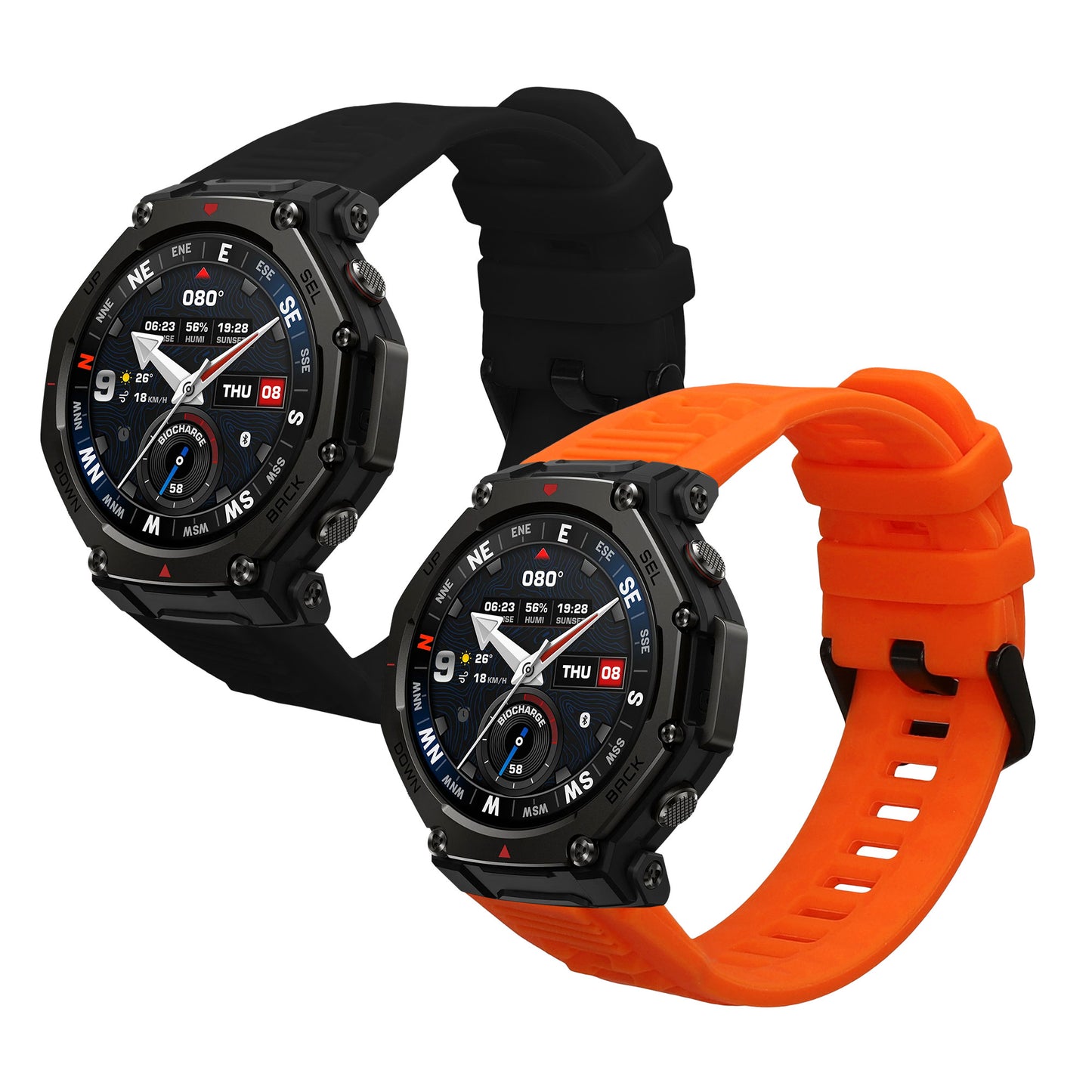 kwmobile 2x Uhrenarmband für Amazfit T-Rex3 Pro 48mm Armband - Fitnesstracker Band Set aus TPU Silikon - Ersatzarmband Smartwatch - Schwarz Orange Schwarz  [dsg02]