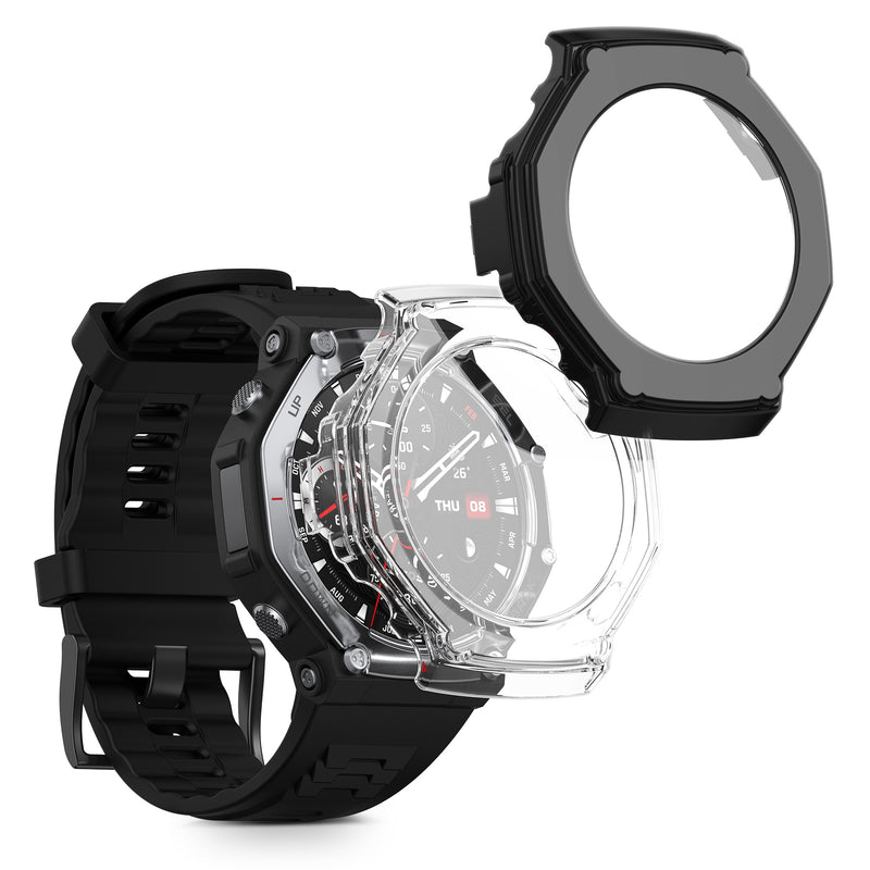 kwmobile 2x Cover kompatibel mit Amazfit T-Rex 3 Hülle - Fullbody Fitnesstracker Case Set aus Glas - Transparent Schwarz Transparent  [dsg01]